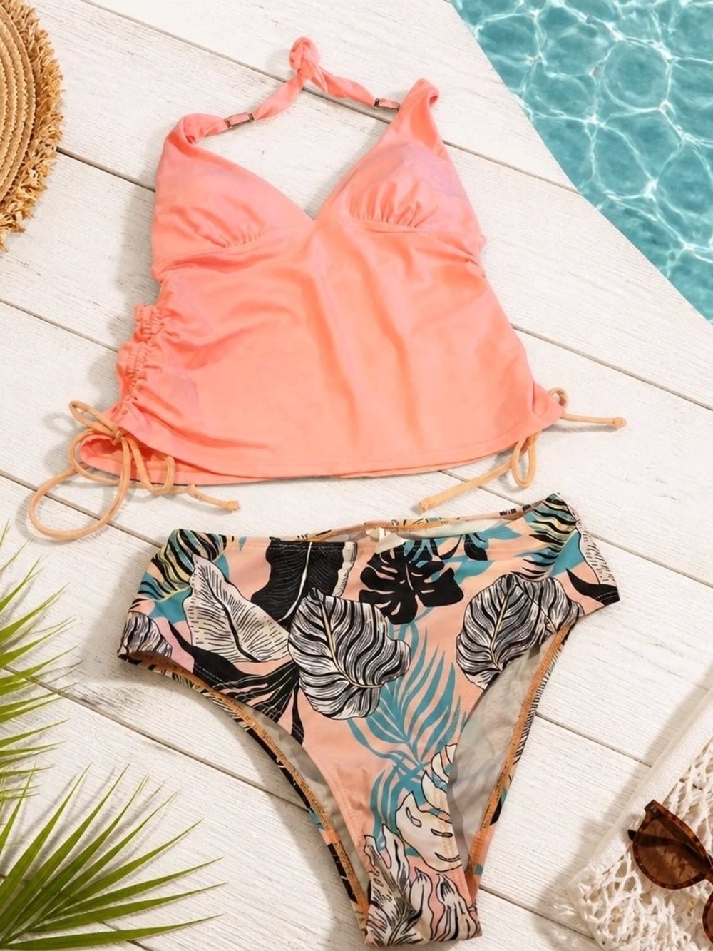 Coral Halter Tankini Top with Tropical Print Bikini Bottom - Brand Unspecified
